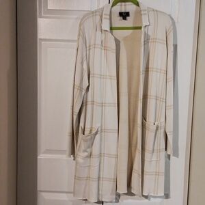 Cream And Tan Plaid Open Cardigan with Pockets